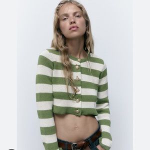 Zara GOLD BUTTON STRIPED KNIT CARDIGAN